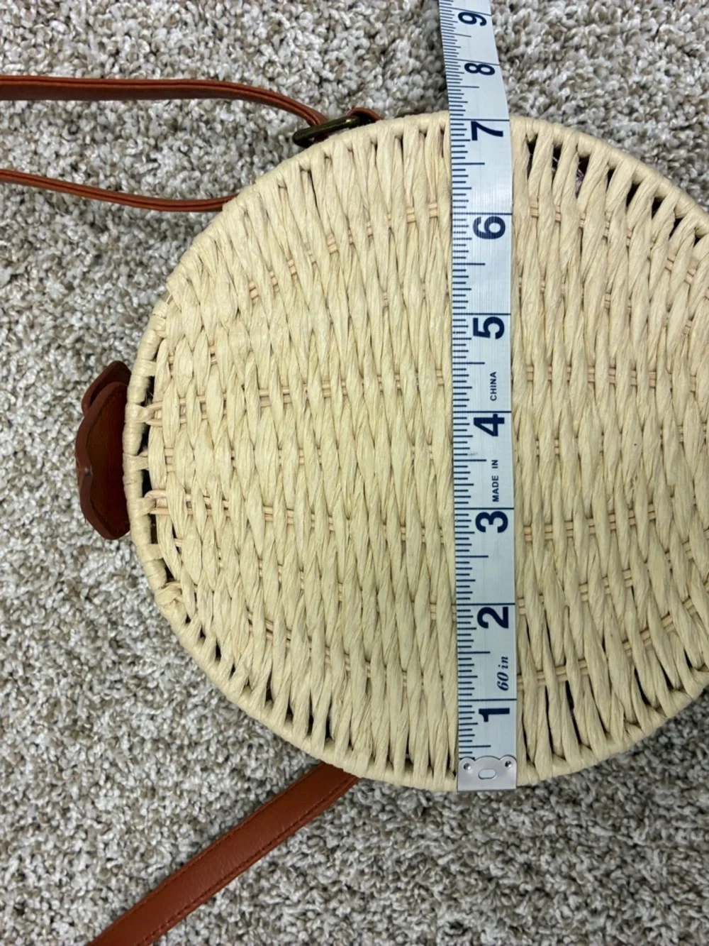 Round Woven rattan Crossbody Bag‎ with Tan Strap